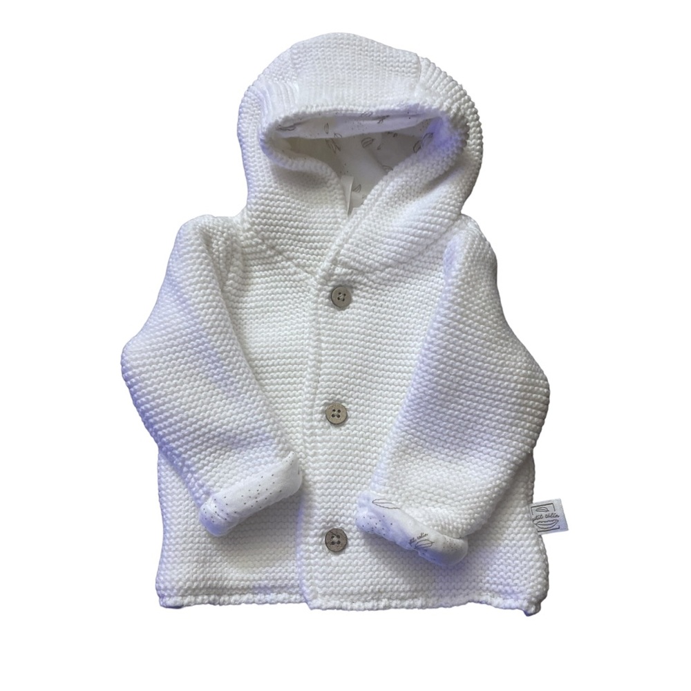 Hooded White Knit Baby Jacket With Soft Inner Lining And Brown Buttons 0 to 3 M